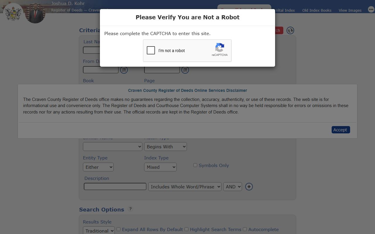 Craven County court records separate Register of Deeds online services