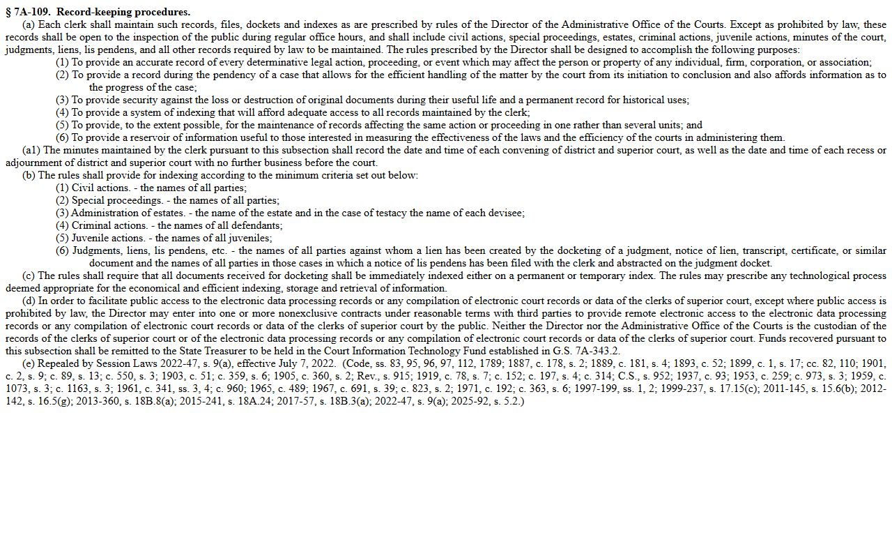 Craven County court records clerk inspection statute