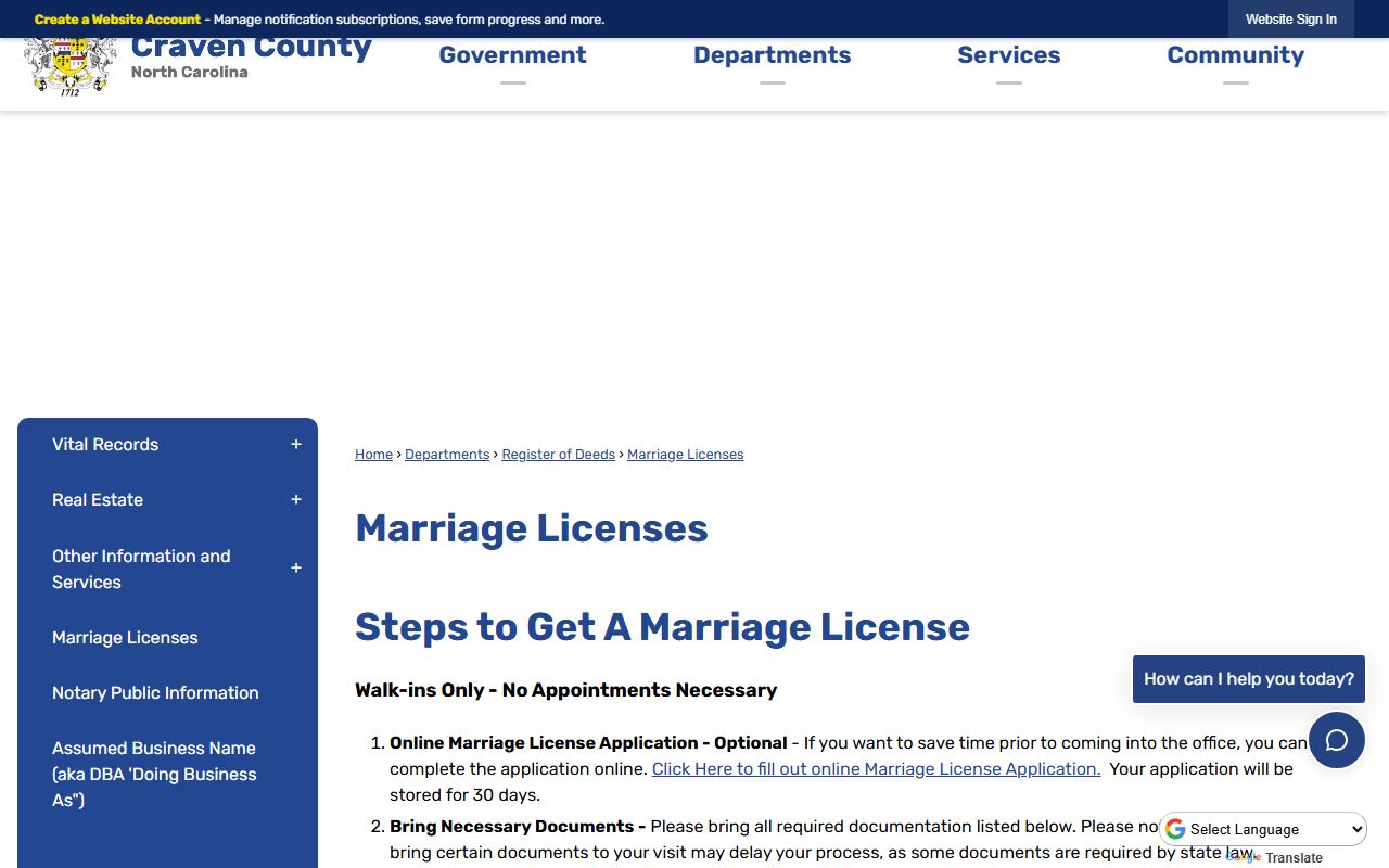 Craven County marriage records marriage license instructions