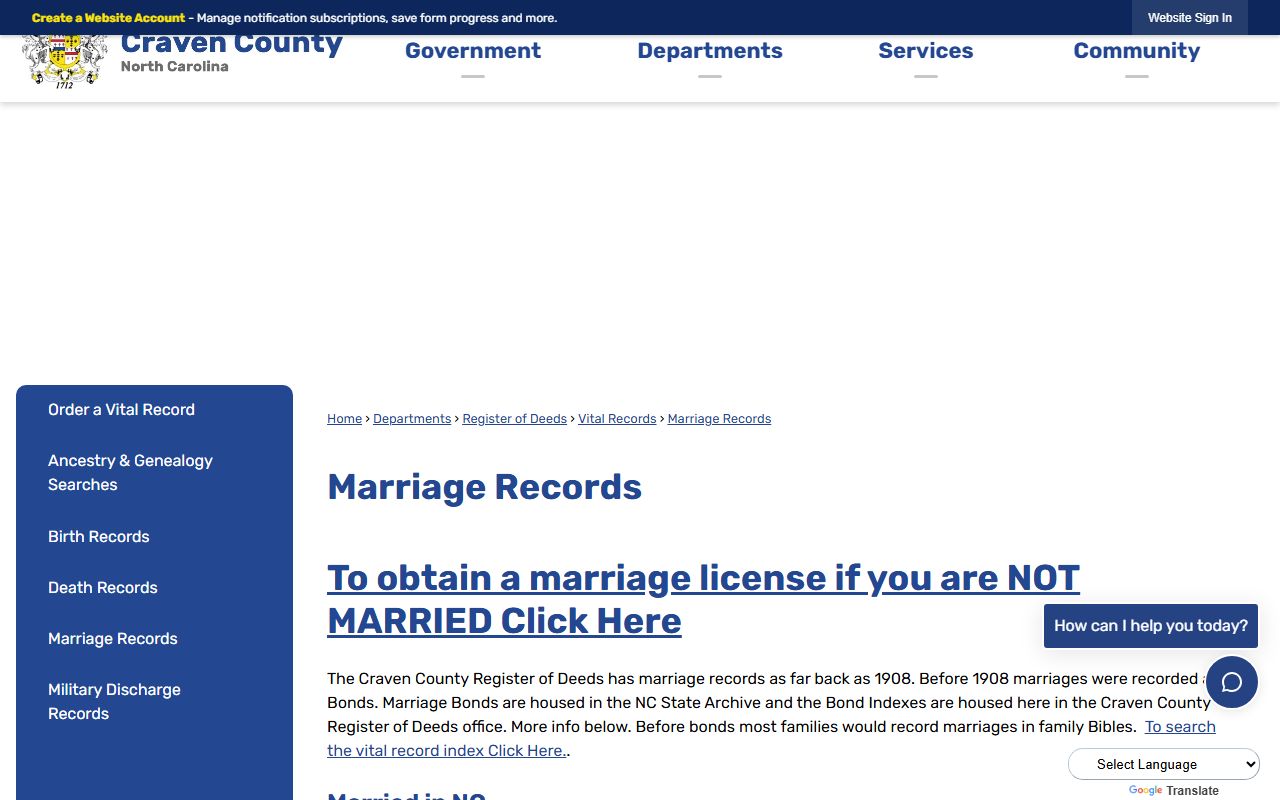 Craven County marriage records lookup source