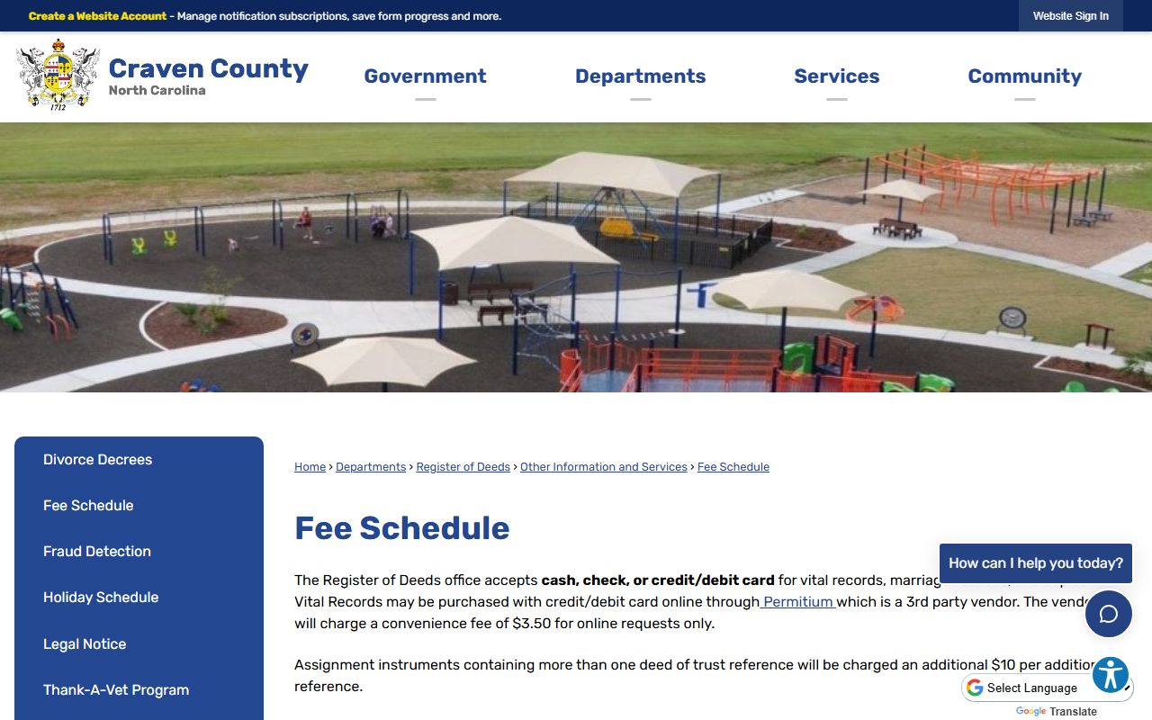 Craven County marriage records Register of Deeds fee schedule