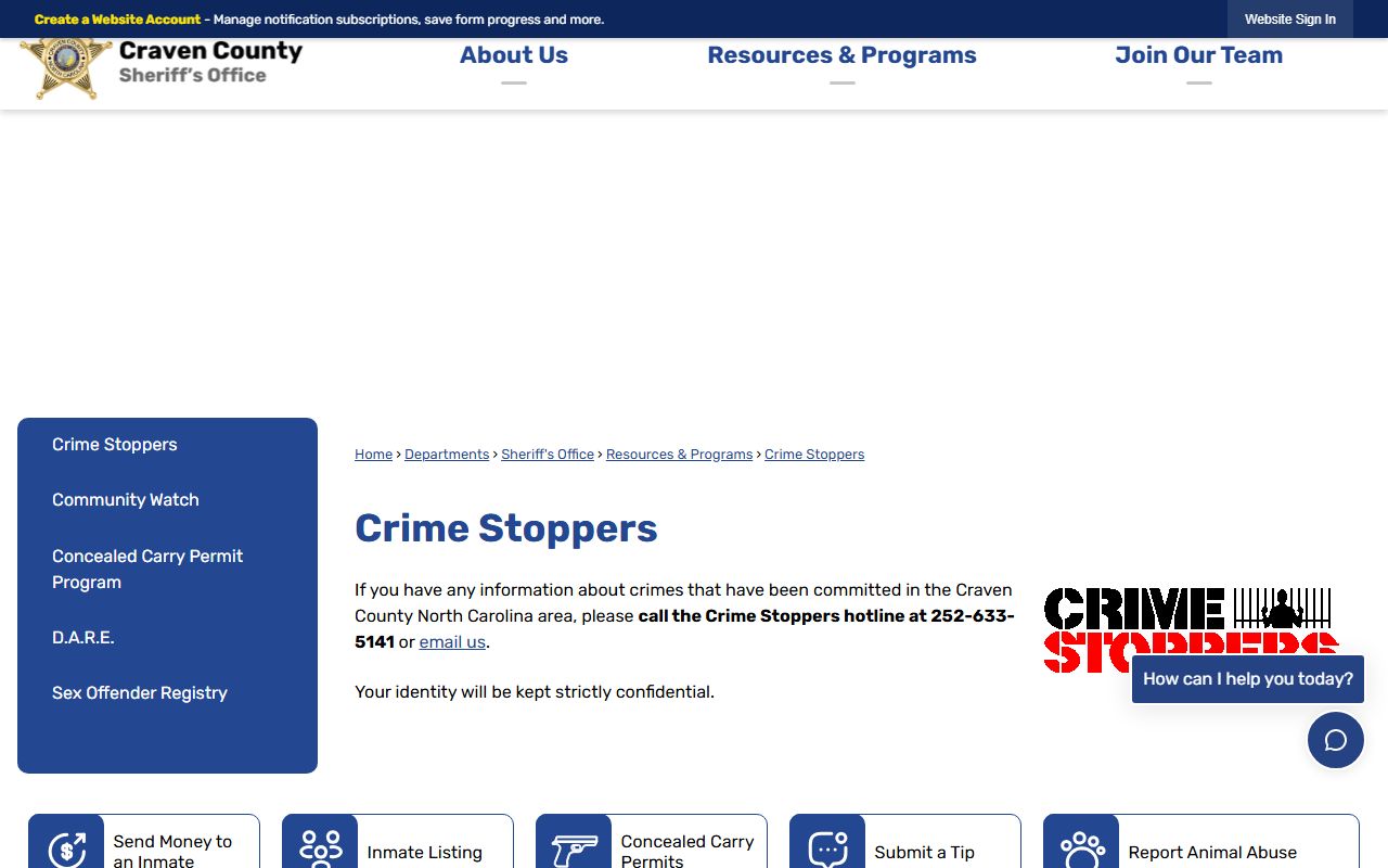 Craven County warrant records Crime Stoppers source